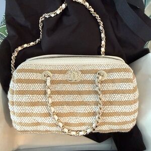 CHANEL 26C Coco Stripe Porte Monnaie Beige and White Striped Shoulder Bag